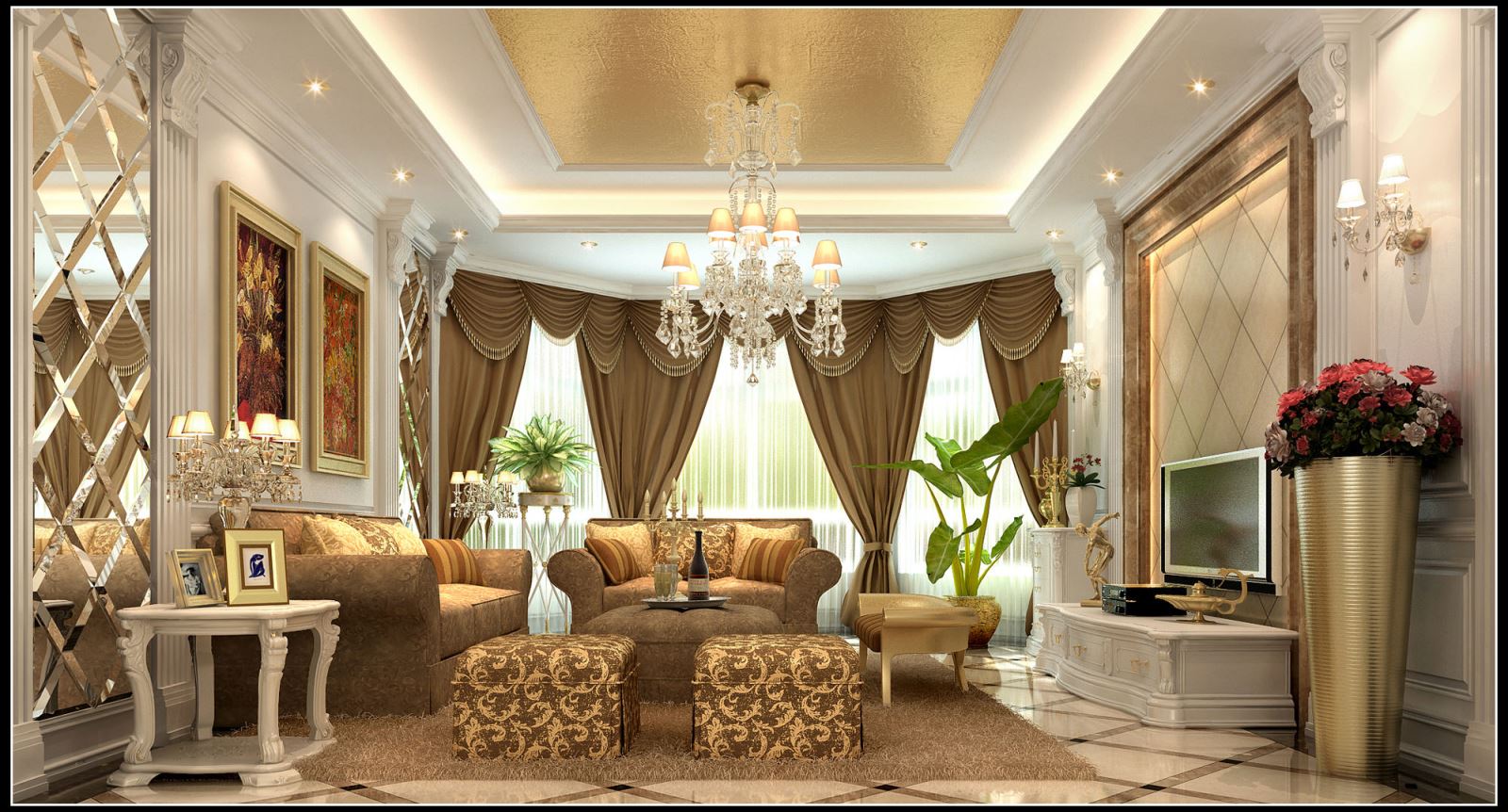 Không gian sống mở với rèm hiện đại tông lạnh sang trọng