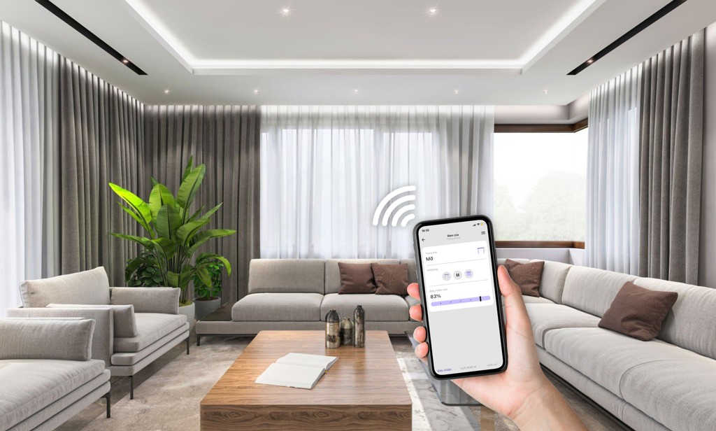 Hình ảnh rèm tự động thông minh kết nối với điện thoại qua ứng dụng
