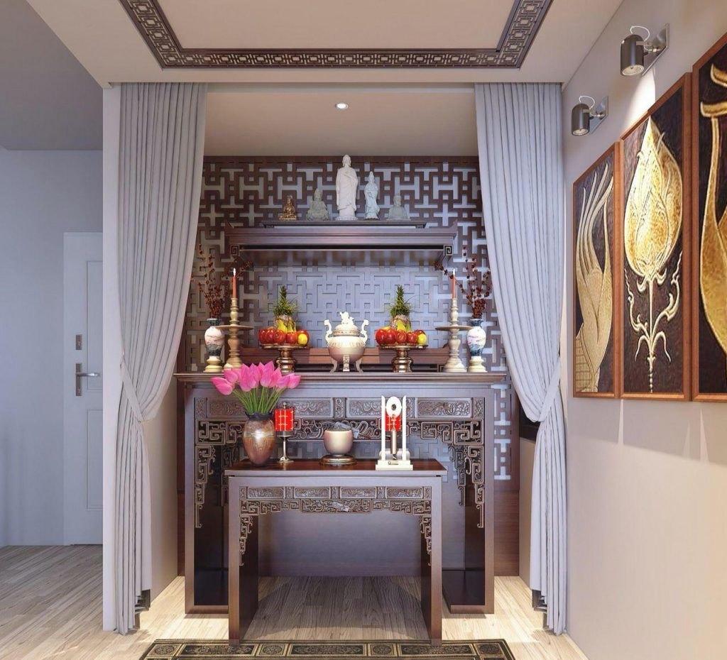 mẫu rèm cửa đẹp phòng thờ tông màu trầm lịch sự