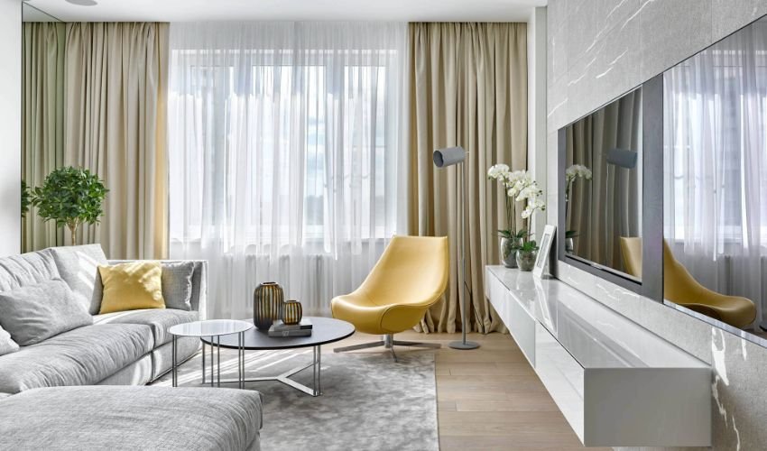 không gian phòng khách với rèm cửa phong cách luxury đẳng cấp