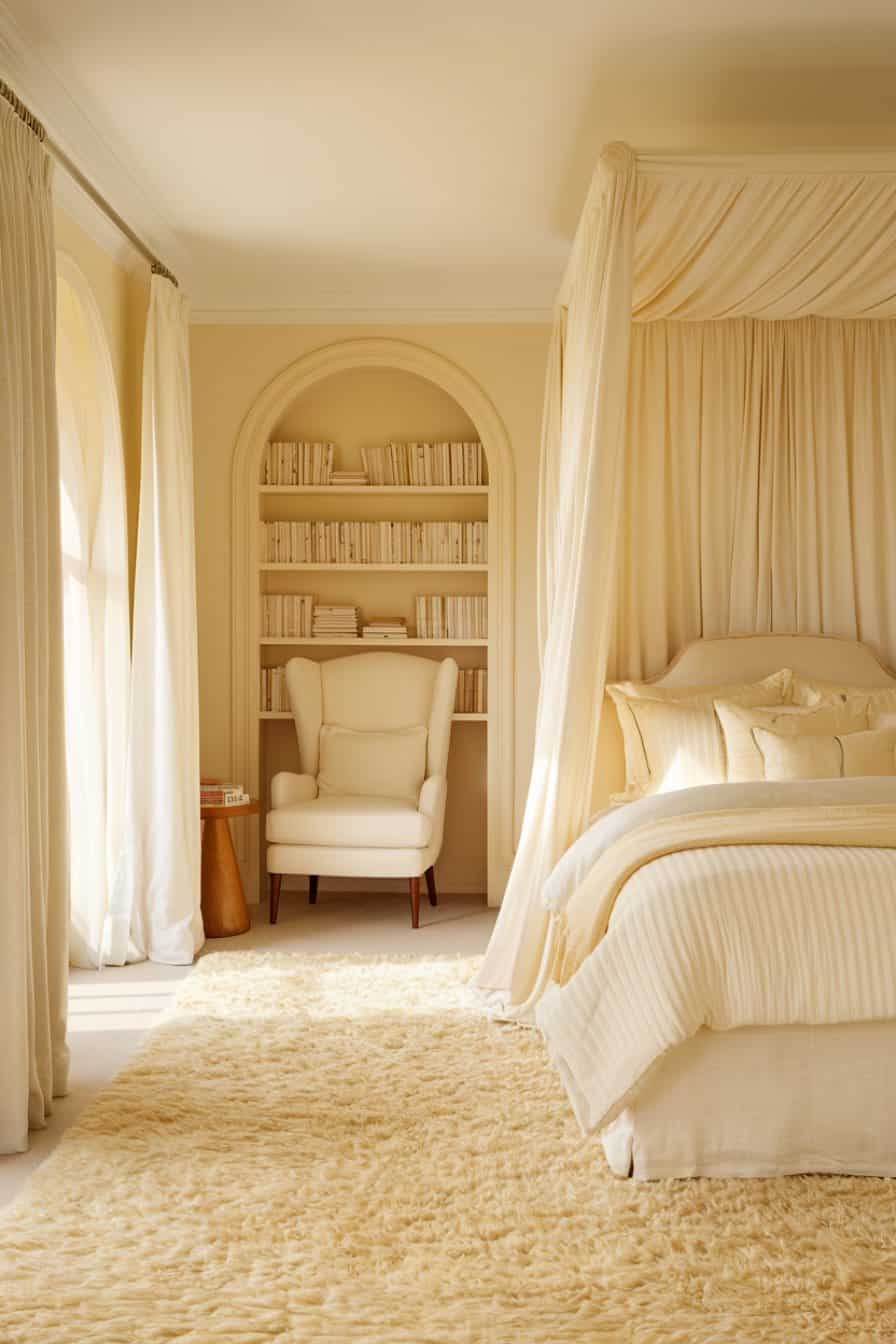 Rèm phòng ngủ màu kem giúp không gian rộng và thoáng hơn