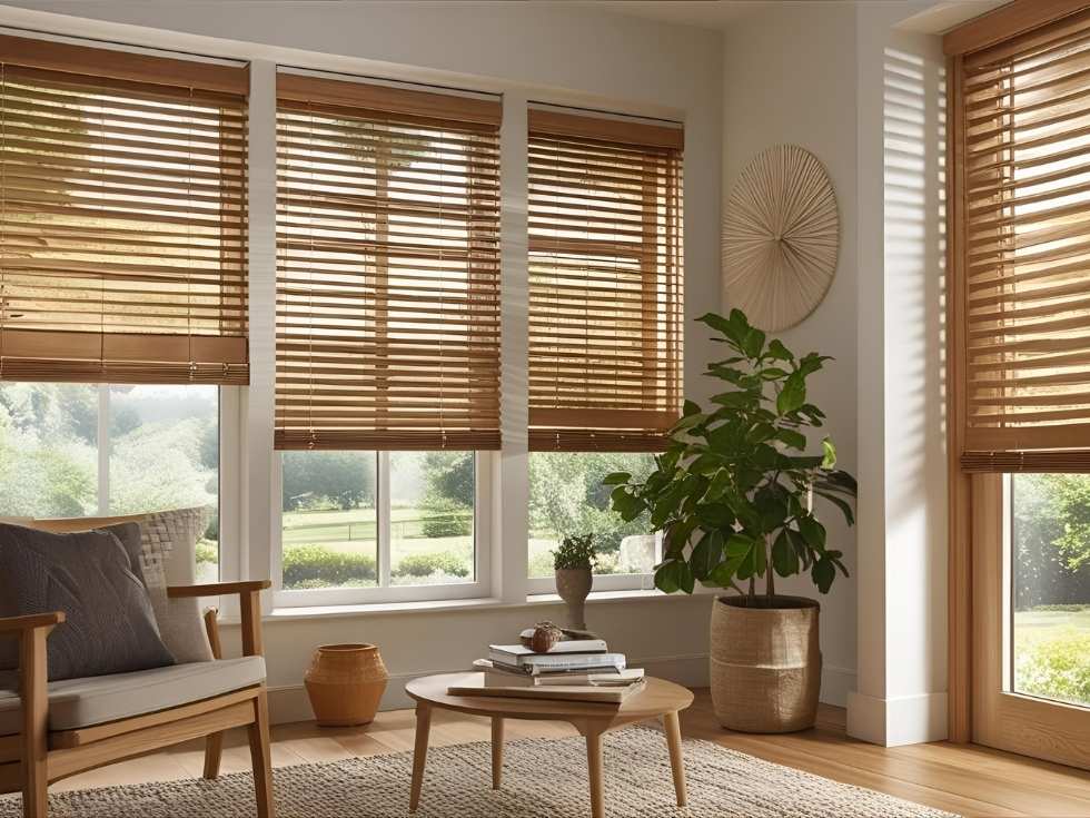 Rèm sáo gỗ cao cấp nhập khẩu trong phòng khách sang trọng